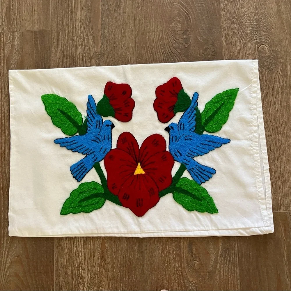 Embroidered Pillow with Birds and Flowers 17/26 inches